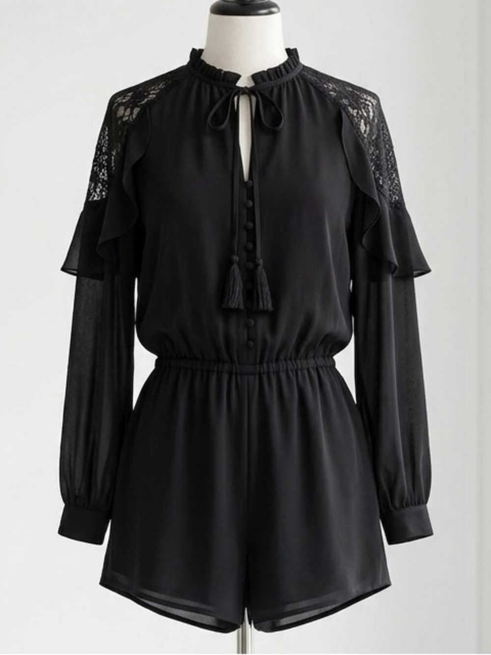 Heartloom| Black Lace Shorts Romper w/Tassel Neck Tie & Cape Sleeves Sz XS